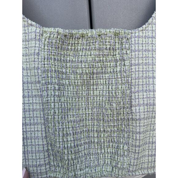 WAYF Tweed Green Gold Metallic Zipper Cropped Bustier Corset Top Smocked Back M - Picture 8 of 10